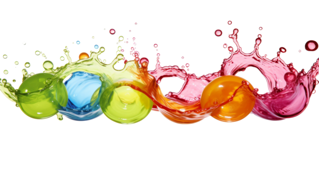 Various vibrant colored liquids mixing and swirling on a pristine white background