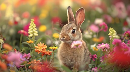 Obraz premium The sight of the mini rabbit standing gracefully amidst the colorful blooms evokes a sense of wonder and delight, as if it has stepped right out of a dream and into reality