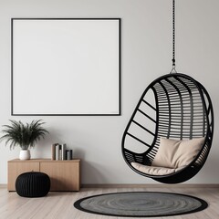 Mockup poster frame in minimal room with a hanging chair, interior mockup design, frame mockup