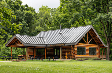 Fototapeta na wymiar A log cabin with a steel roof in the background of green trees, near which there is an open-air gazebo. The house has wooden walls and windows, and its gray metal roof contrasts against nature