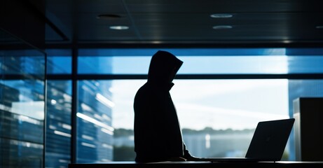 Dramatic low-angle shot of a hooded figure silhouetted against a glowing computer screen, highlighting the mystery and danger of hacking