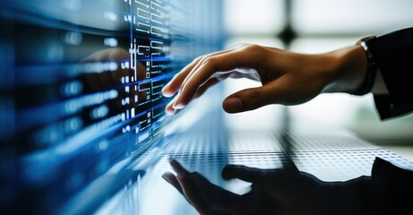 Close-up of a hacker's hand reaching out to touch a computer screen