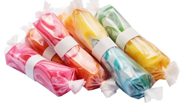 A group of four vibrant lollipops in different colors standing upright against a white backdrop