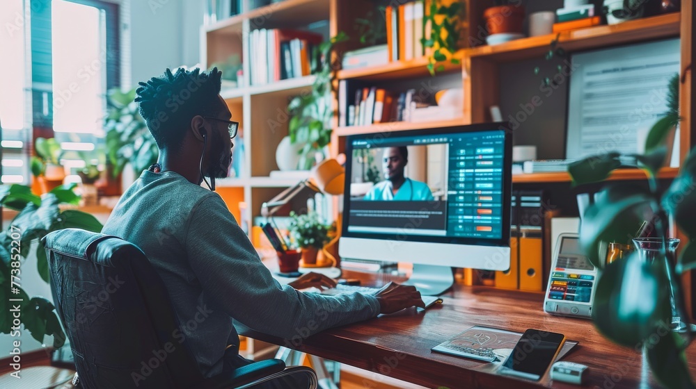 Poster man sitting at desk working on computer