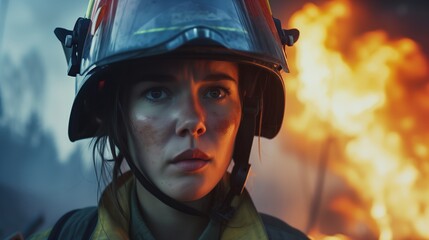Woman Firefighter in Front of Blaze