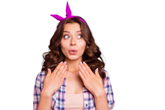 Portrait of nice stunned funky sweet lovely attractive adorable pretty lady wearing head band hands omg gift present surprise gesture isolated over violet pastel background