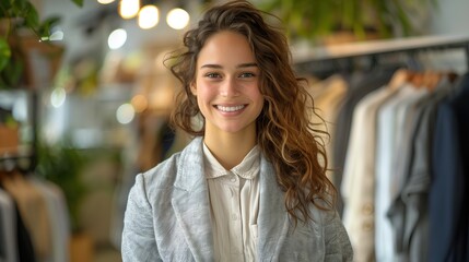 Obraz premium Smiling Woman in Front of Clothes Rack