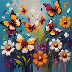 Photo sur Plexiglas Papillons en grunge An oil canvas where colorful tropical butterflies and delicate daisies share space with a riot of vibrant flowers, creating a fantastical and enchanting garden scene.