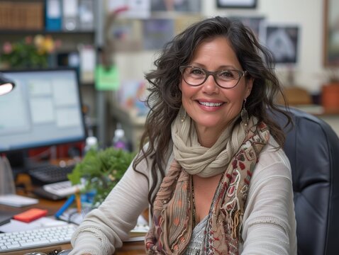 Woman Working at Desk With Computer