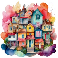 Watercolor illustration of a colorful abstract whimsical, quirky houses on isolated white background.	
