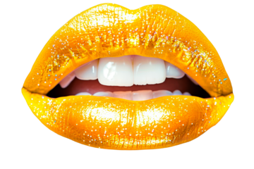 Macro shot of a luscious yellow lip with glitter and glossy isolated on a cutout PNG transparent background