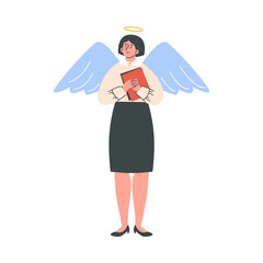 Smiling woman with angel wings and nimbus flat style, vector illustration
