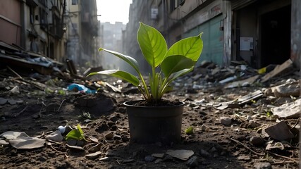 In the face of environmental disaster, a houseplant in a polluted area symbolizes hope since it shows that life can endure under trying circumstances. - obrazy, fototapety, plakaty
