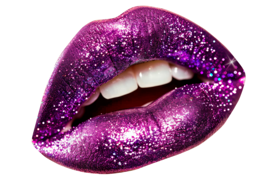Macro shot of a luscious purple lip with glitter and highlights isolated on a cutout PNG transparent background