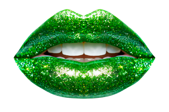 Macro shot of a luscious green lip with glitter and highlights isolated on a cut out PNG transparent background