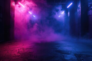 studio room with smoke blue-tinged foggy underpass at night with intense light beams cutting through the mist, highlighting the urban textures - obrazy, fototapety, plakaty