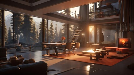 a captivating AI-rendered interior shot that blends the sleek lines of neo-brutalist design with the atmospheric world of Horizon Zero Dawn, offering a glimpse into a futuristic living space - obrazy, fototapety, plakaty