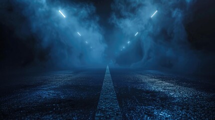studio room with smoke blue-tinged foggy underpass at night with intense light beams cutting...