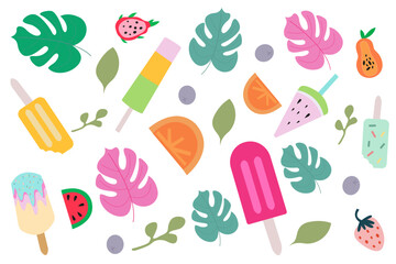 Summer seamless pattern with ice-cream and fruits. Cute bright summer vacation pattern with tropical fruits, ice cream and palm leaf vector