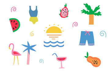 Cute summer vacation seamless pattern with tropical fruits, swimsuit and palm leaf vector on a white background