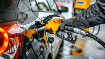 man gas station holding a fuel pump nozzle, with various activities related to a gas station environment