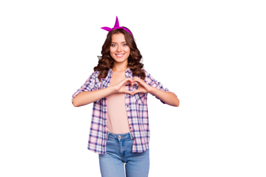Portrait of nice cheerful sweet lovely attractive adorable wavy-haired lady wearing checkered shirt showing heart sign isolated over violet pastel background