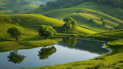 A serene landscape of rolling green hills, dotted with trees and small lakes reflecting the vibrant greens around them