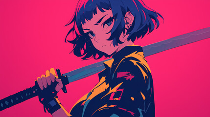 Naklejka premium 日本刀を構えるアニメ風の女の子 AI