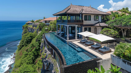Obraz premium A luxury villa with a pool on a tropical cliff overlooking the ocean with clear blue skies. Architecture and vacation concept. Generative AI