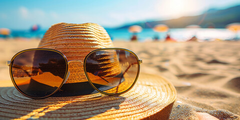 A straw hat with sunglasses on it is sitting on a beach. The scene is bright and sunny, with a clear blue sky
