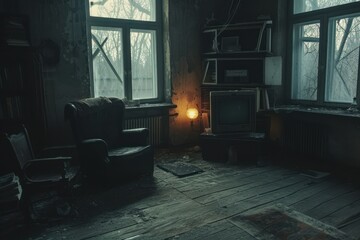 atmospheric cinematic shot of old interior, with soviet non-fictional movie aesthetics touch - obrazy, fototapety, plakaty