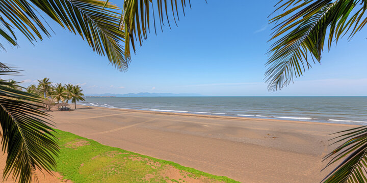 A beautiful beach with palm trees and a clear blue sky. The beach is empty and the water is calm