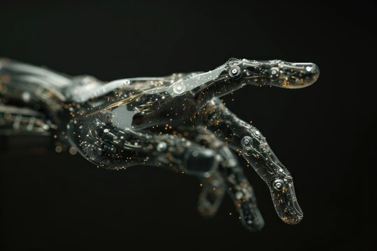 ultra close-up view tiny sci-fi particles forming a robotic hand