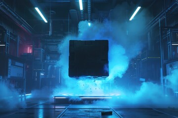 black magic box square shape appearing on a high-tech workplace podium - obrazy, fototapety, plakaty