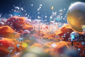 hyperdetailed conceptual scene with big magic bubbles with tiny worlds inside close-up view - obrazy, fototapety, plakaty