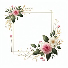 Floral card with copy space and flowers with leaves – Template background with frame and pink rose ornaments