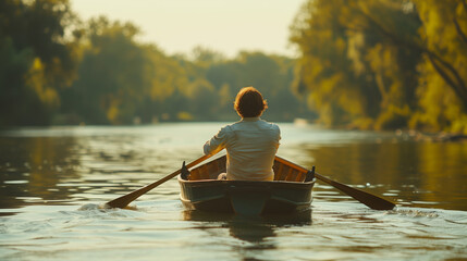 Man rowing a wooden boat on a tranquil river with lush forest background, leisure and travel...
