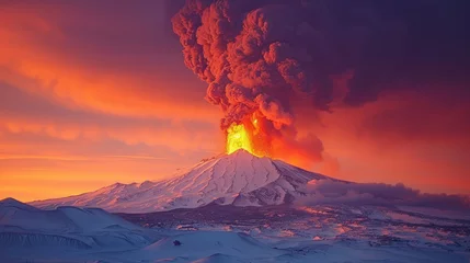  Volcanic eruption with vibrant lava, smoke, and ash over a snowy mountain landscape during sunset. Nature and disaster concept. Generative AI © ImageFlow