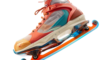 Pair of shoes resting on top of a skateboard