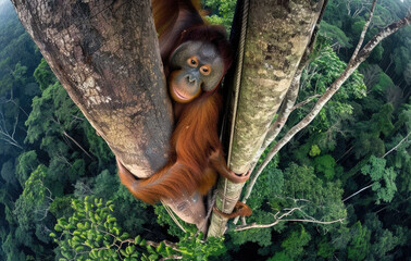 Fototapeta premium An orangutan hanging from a tree in a forest with her baby on her back