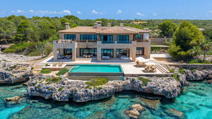 Obraz premium A luxury villa perched on a cliff overlooking the ocean with a pool, in a real-life photo on a sunny day. Architecture and vacation concept. Generative AI