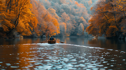 Man rowing a wooden boat on a river with autumn forest scenery. Travel and relaxation concept. Generative AI - obrazy, fototapety, plakaty