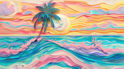 Fototapeta na wymiar Colorful seascape with palm tree and sun as wallpaper background illustration