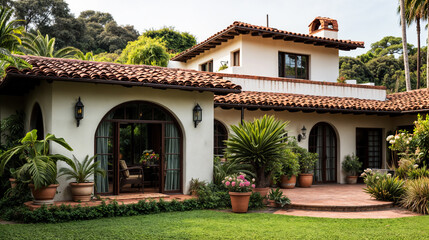 Fototapeta na wymiar Front view of a mediterranean house with garden