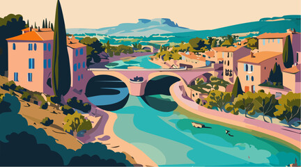 Vintage panorama of the old town landscape with houses and river  delicate pastel colors