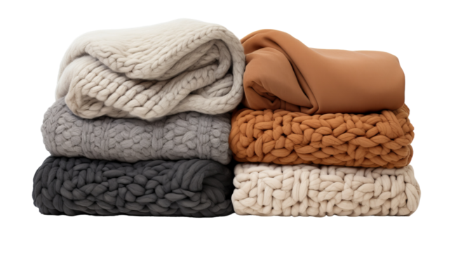 A stack of plush blankets arranged in a heap, creating a warm and inviting display