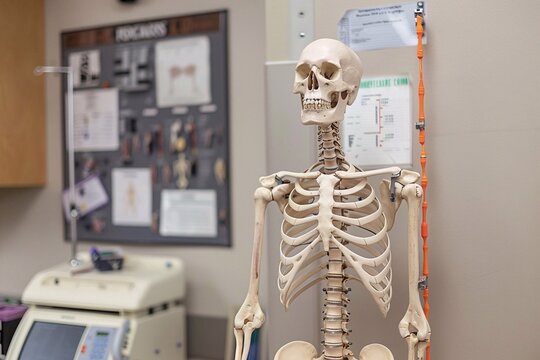 Model of a human skeleton in an anatomical or orthopedic department. Artificial human skeleton in a school classroom.