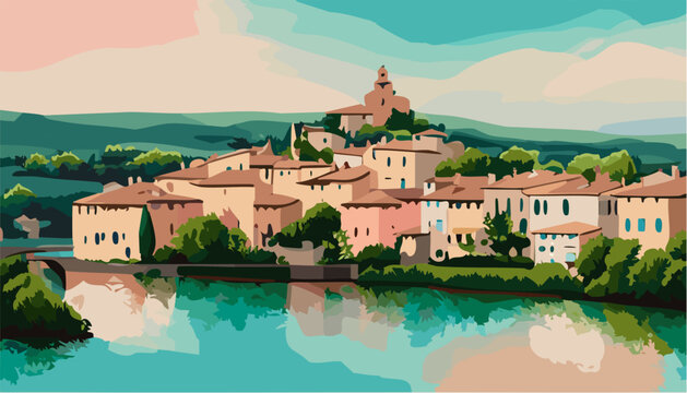 Panorama of the old town landscape with houses and river  delicate pastel colors