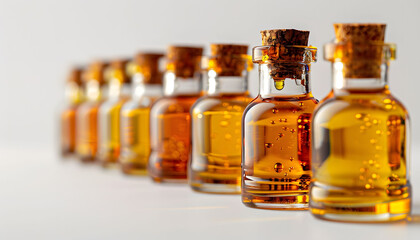 Row of Glass Bottles with Oil Drops on White Background