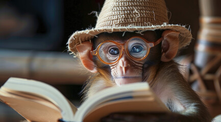 A cute little monkey wearing glasses and hat is reading an open book - Powered by Adobe